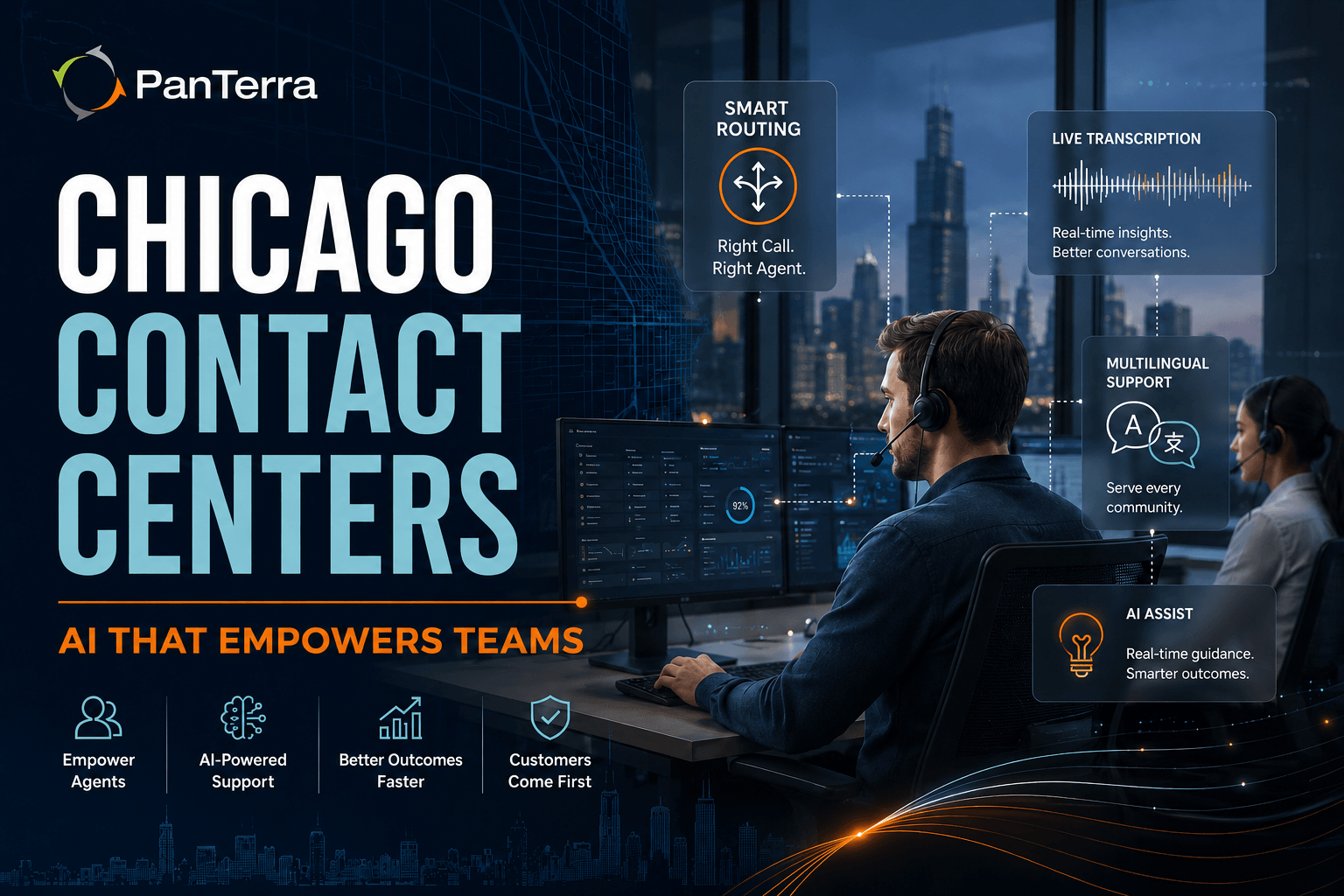 Chicago contact center agent using AI-powered call routing and transcription tools to improve customer service for PanTerra Networks 