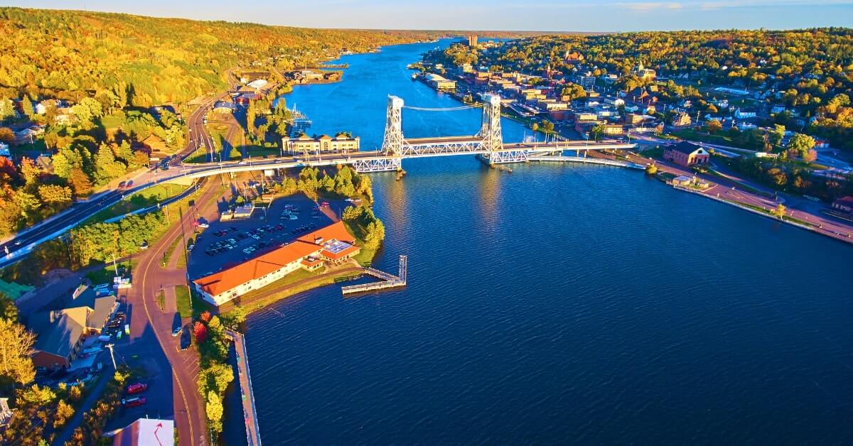 Aerial View of Portage Lake Lift Bridge at Sunset, Houghton Michigan 