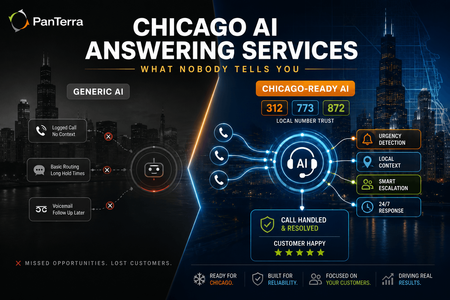 PanTerra graphic comparing generic AI answering services with Chicago-ready AI answering services using local 312, 773, and 872 area codes.